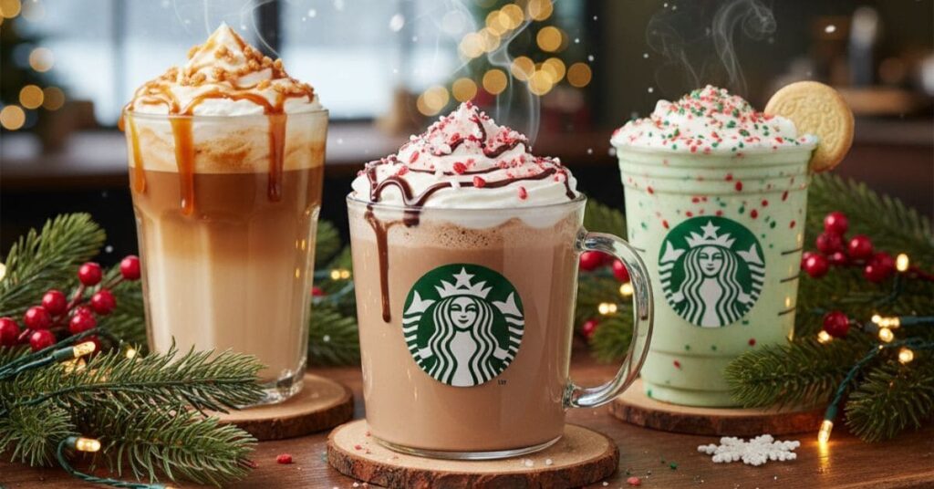 Starbucks 2025 holiday drink lineup with festive beverages and Christmas lights