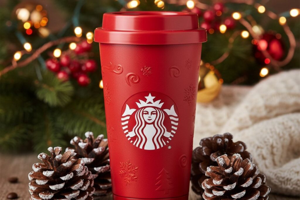 Reusable Starbucks Red Cup 2025 with festive holiday decorations