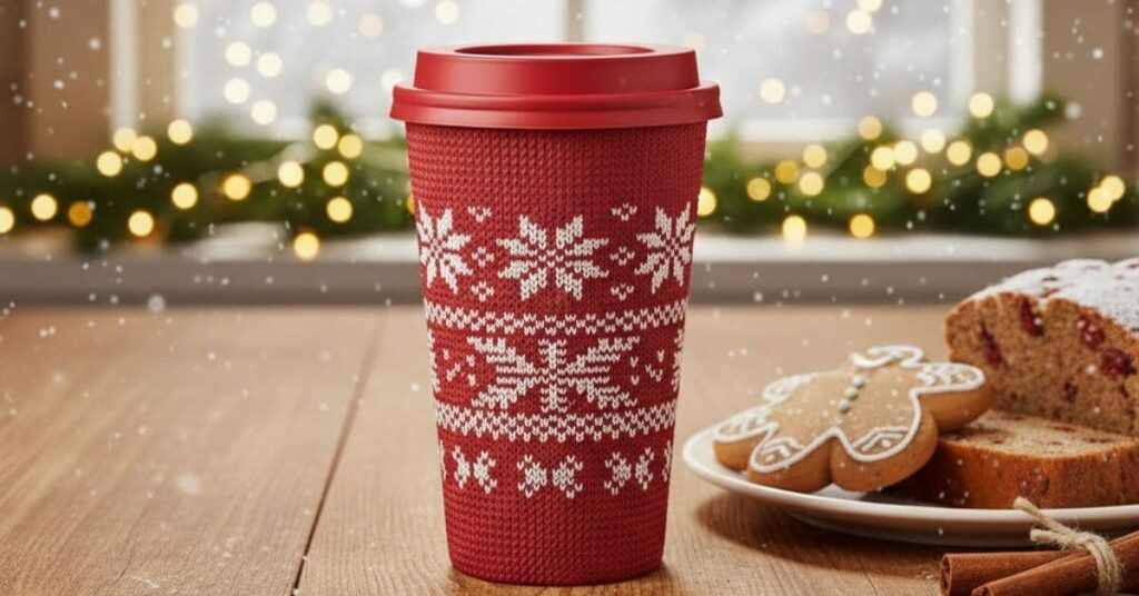 Starbucks Red Cup Day 2025 featuring a festive red reusable cup with holiday pastries and Christmas decorations
