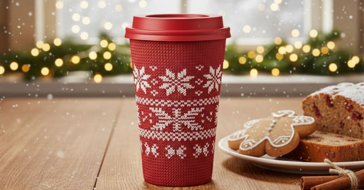Starbucks Red Cup Day 2025 featuring a festive red reusable cup with holiday pastries and Christmas decorations