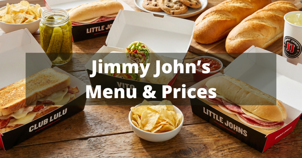 Juicy and fresh Jimmy John’s sandwiches, wraps, Little Johns, sides, drinks, and desserts arranged on a rustic wooden table with vibrant colors and no text on any items.