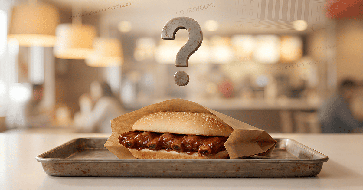 McDonald’s McRib sandwich shown with a question mark, symbolizing the McRib lawsuit and customer concerns about misleading marketing