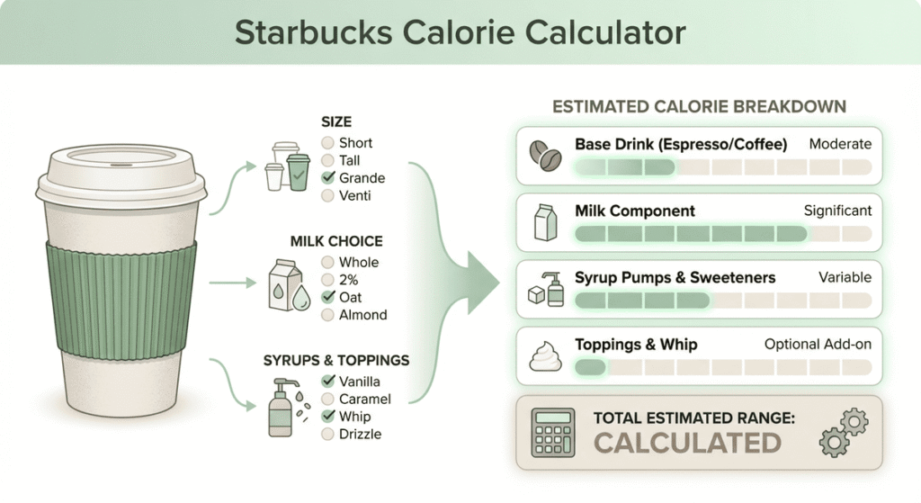 Starbucks calorie calculator concept image showing how drink size, milk, and syrups affect total calories
