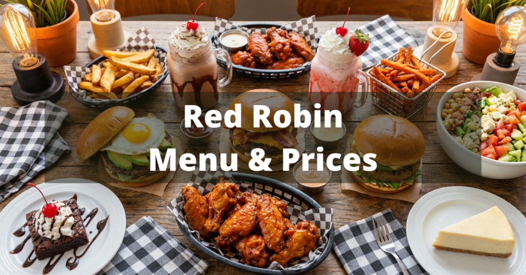 Overhead view of a Red Robin meal spread with burgers, fries, chicken wings, salads, desserts, and milkshakes, showcasing the full menu offerings